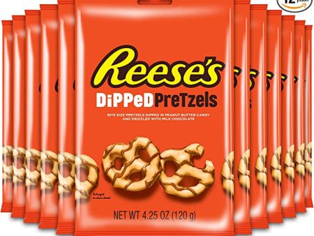 REESE S Milk Chocolate Flavour & Peanut Butter Dipped Pretzels, Snack, Pack of 12 x 120g Bags Cheap