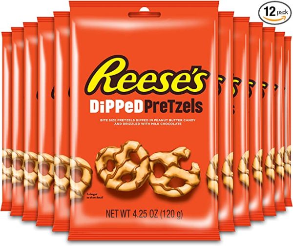 REESE S Milk Chocolate Flavour & Peanut Butter Dipped Pretzels, Snack, Pack of 12 x 120g Bags Cheap